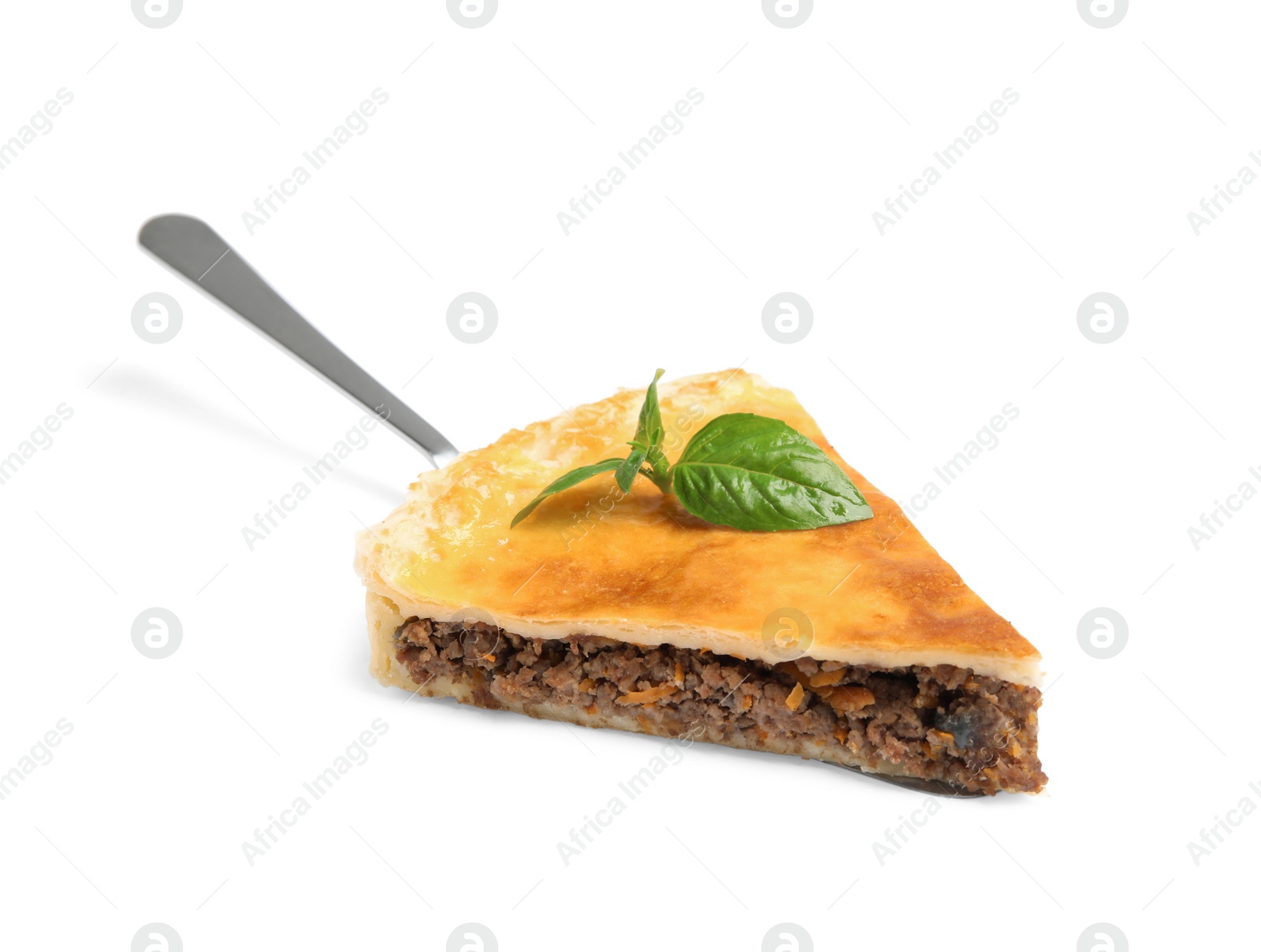 Photo of Piece of delicious pie with minced meat isolated on white