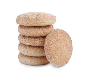 Photo of Many tasty sugar cookies isolated on white