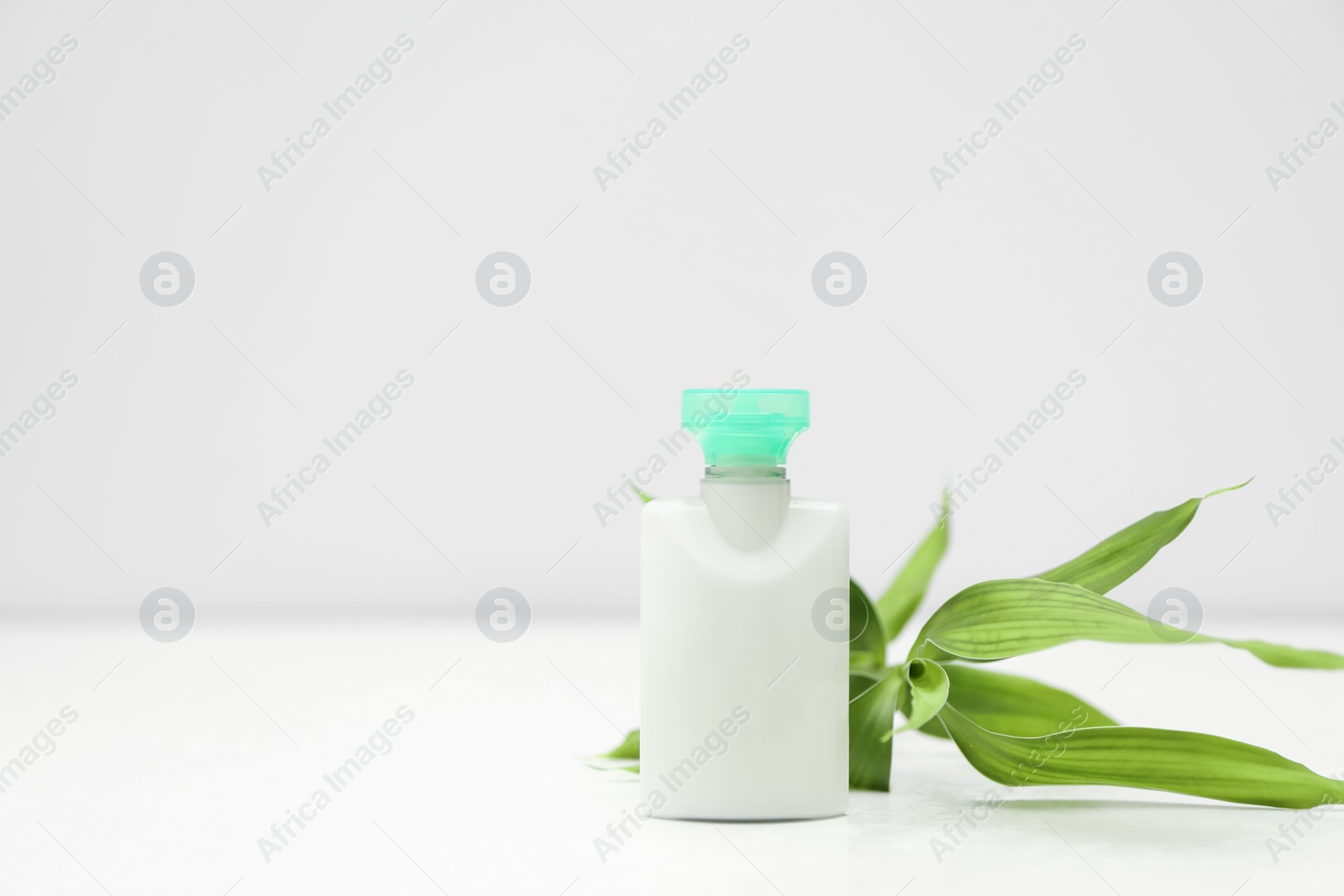 Photo of Mini bottle of cosmetic product and green branch on light background. Space for text