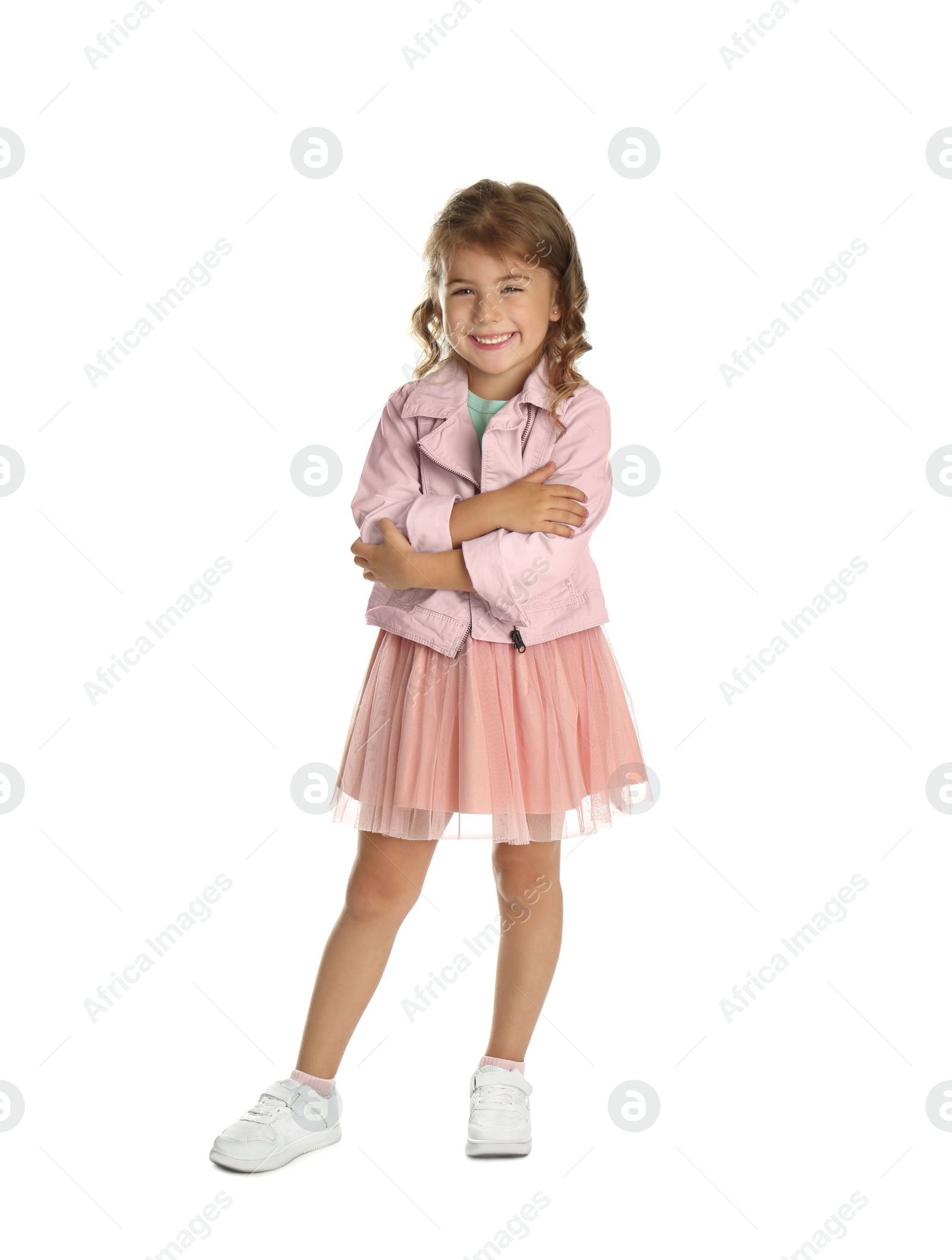 Photo of Full length portrait of cute little girl on white background