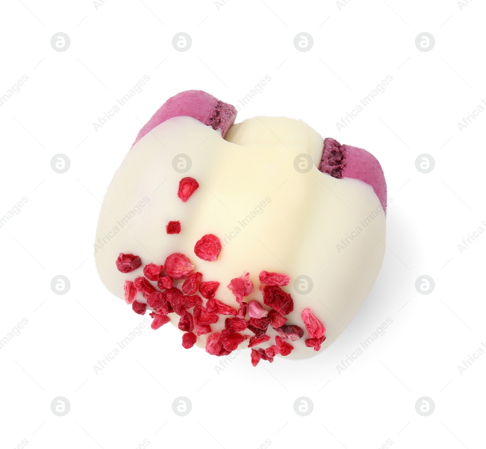 Photo of One delicious sweet macaron isolated on white, top view