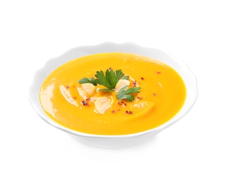 Photo of Delicious pumpkin soup in bowl on white background
