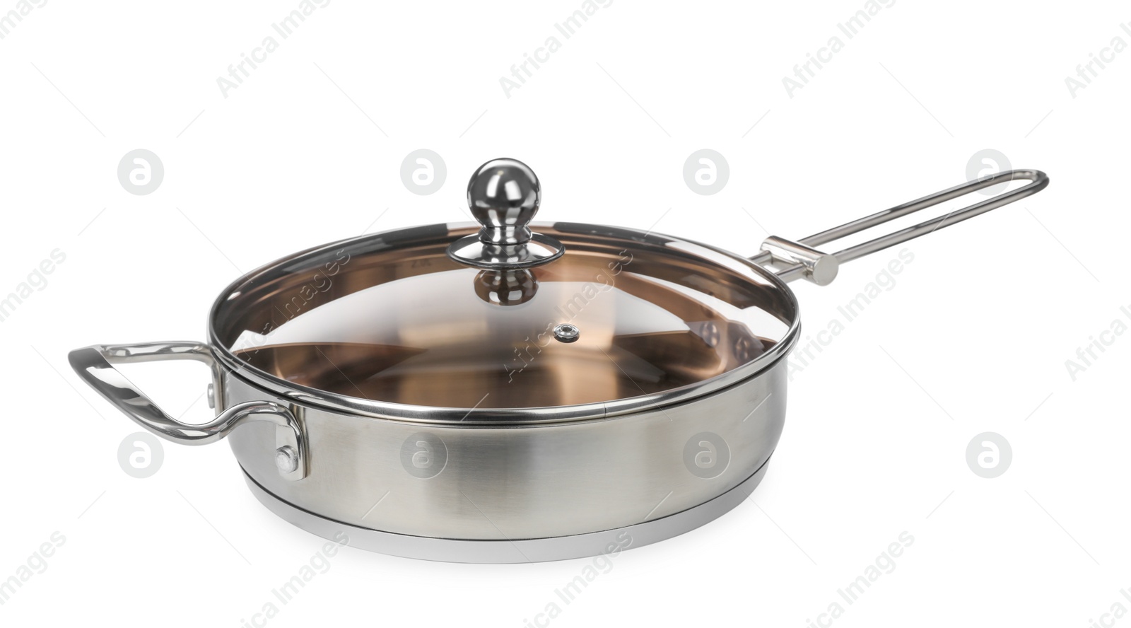 Photo of New stainless steel frying pan with glass lid isolated on white