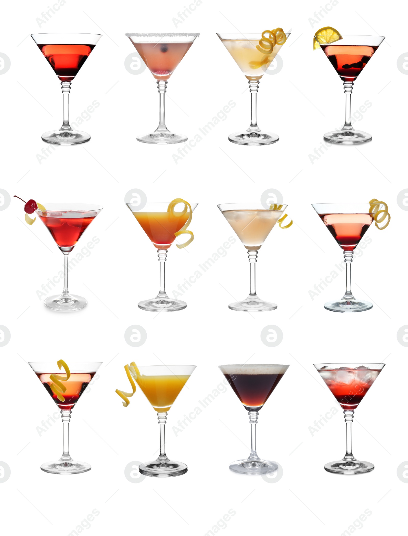 Image of Set with different martini cocktails on white background 