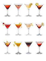 Image of Set with different martini cocktails on white background 