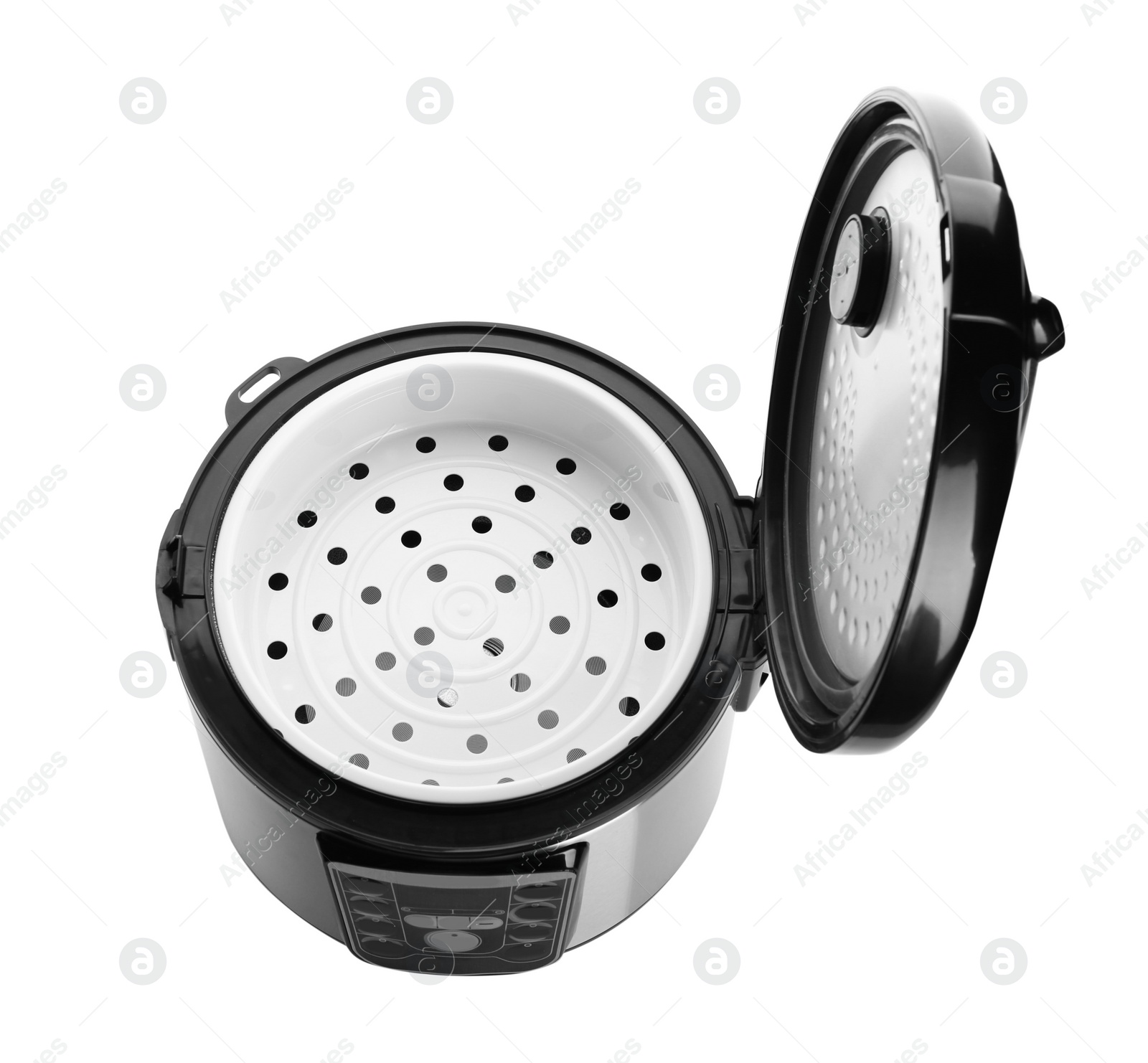 Photo of New modern multi cooker on white background, above view