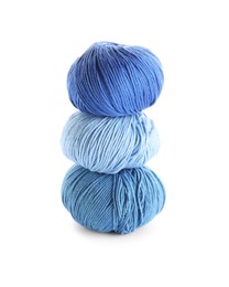 Different soft colorful woolen yarns on white background