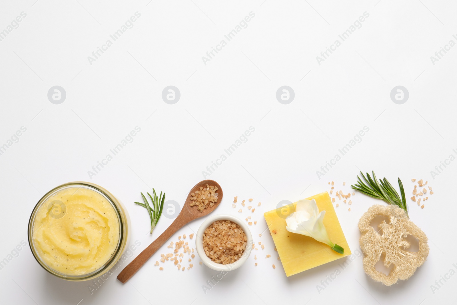 Photo of Composition with body scrub on white background, top view