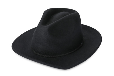 Photo of Black hat isolated on white. Stylish accessory