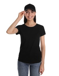 Photo of Young happy woman in black cap and tshirt on white background. Mockup for design