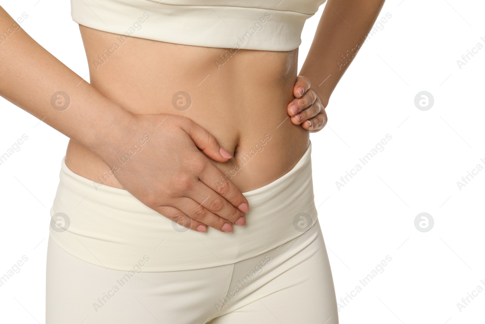 Photo of Woman suffering from pain in lower right abdomen on white background, closeup. Acute appendicitis