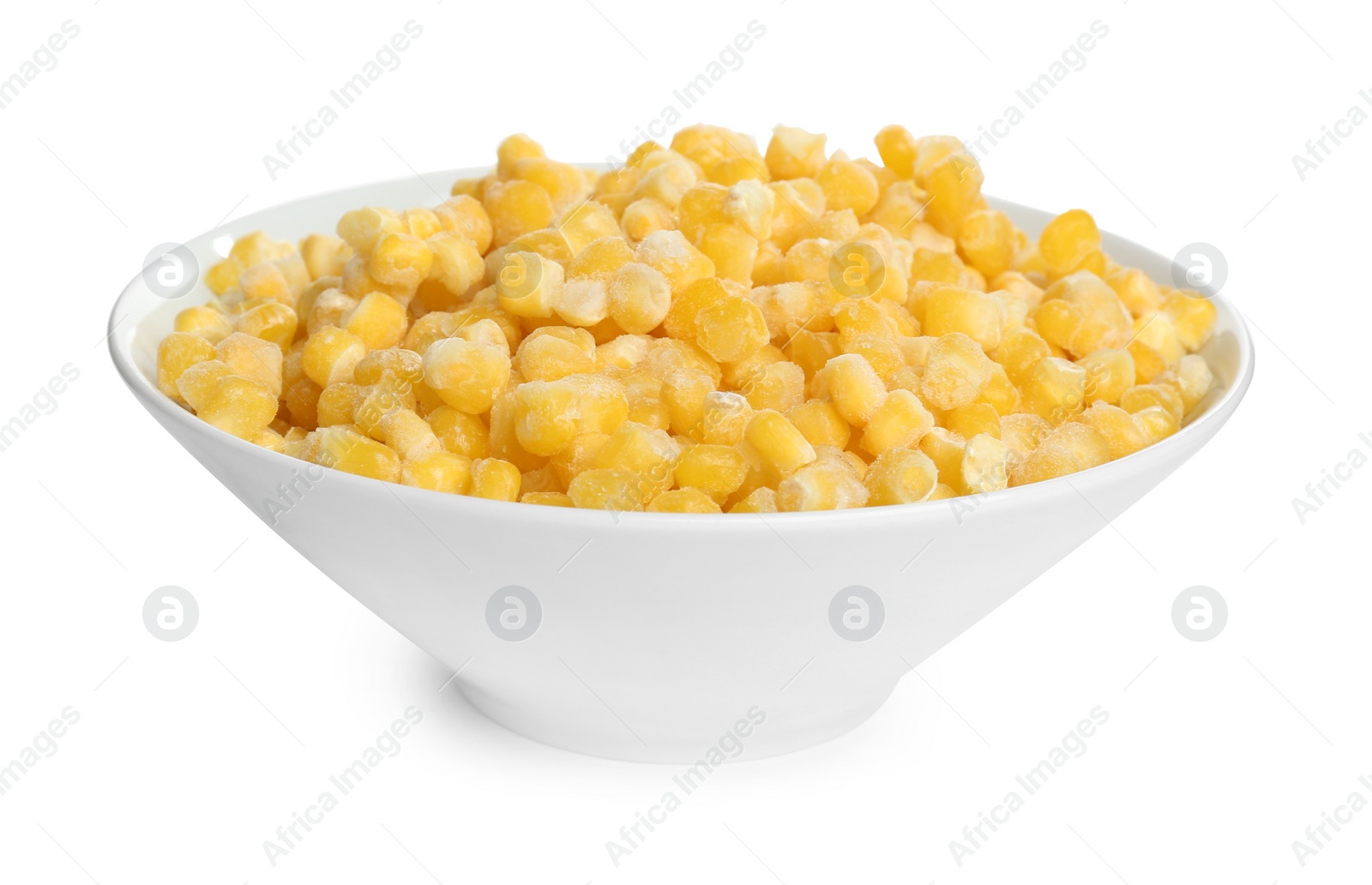 Photo of Frozen corn in bowl isolated on white. Vegetable preservation