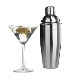 Photo of Metal shaker and Martini cocktail isolated on white