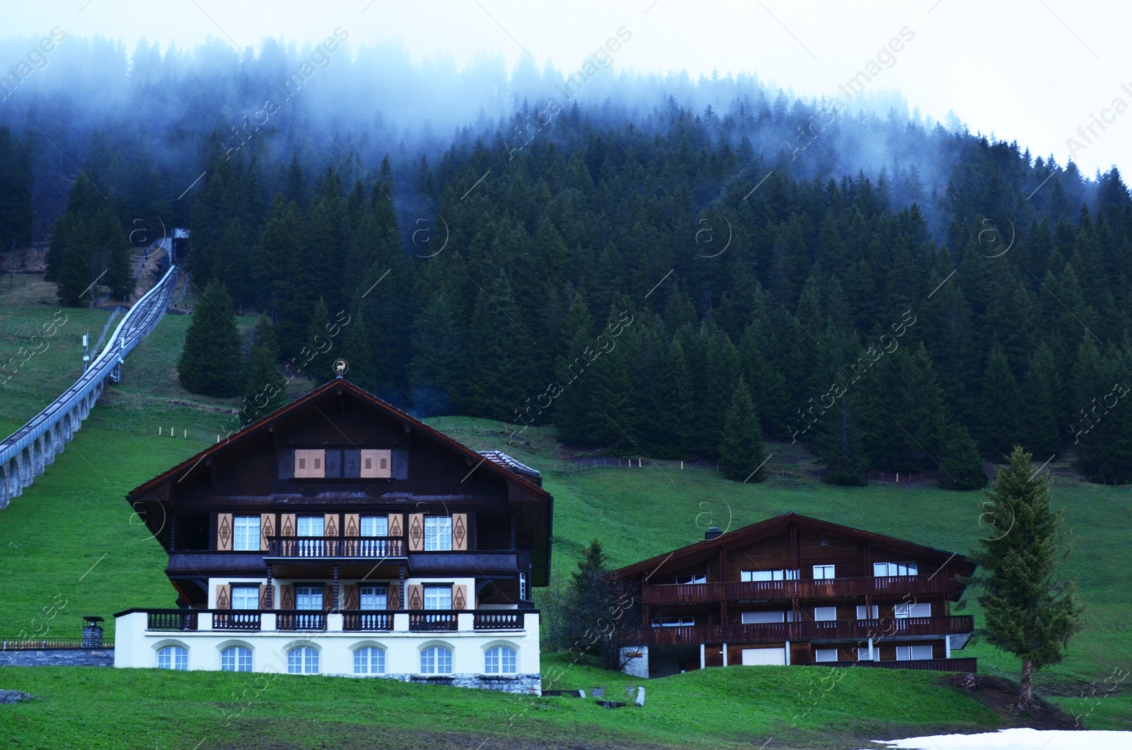 Photo of Beautiful cottages on hill near conifer forest