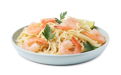 Photo of Tasty spaghetti with shrimps and parsley isolated on white