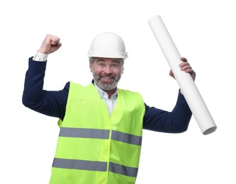 Photo of Architect in hard hat holding draft on white background