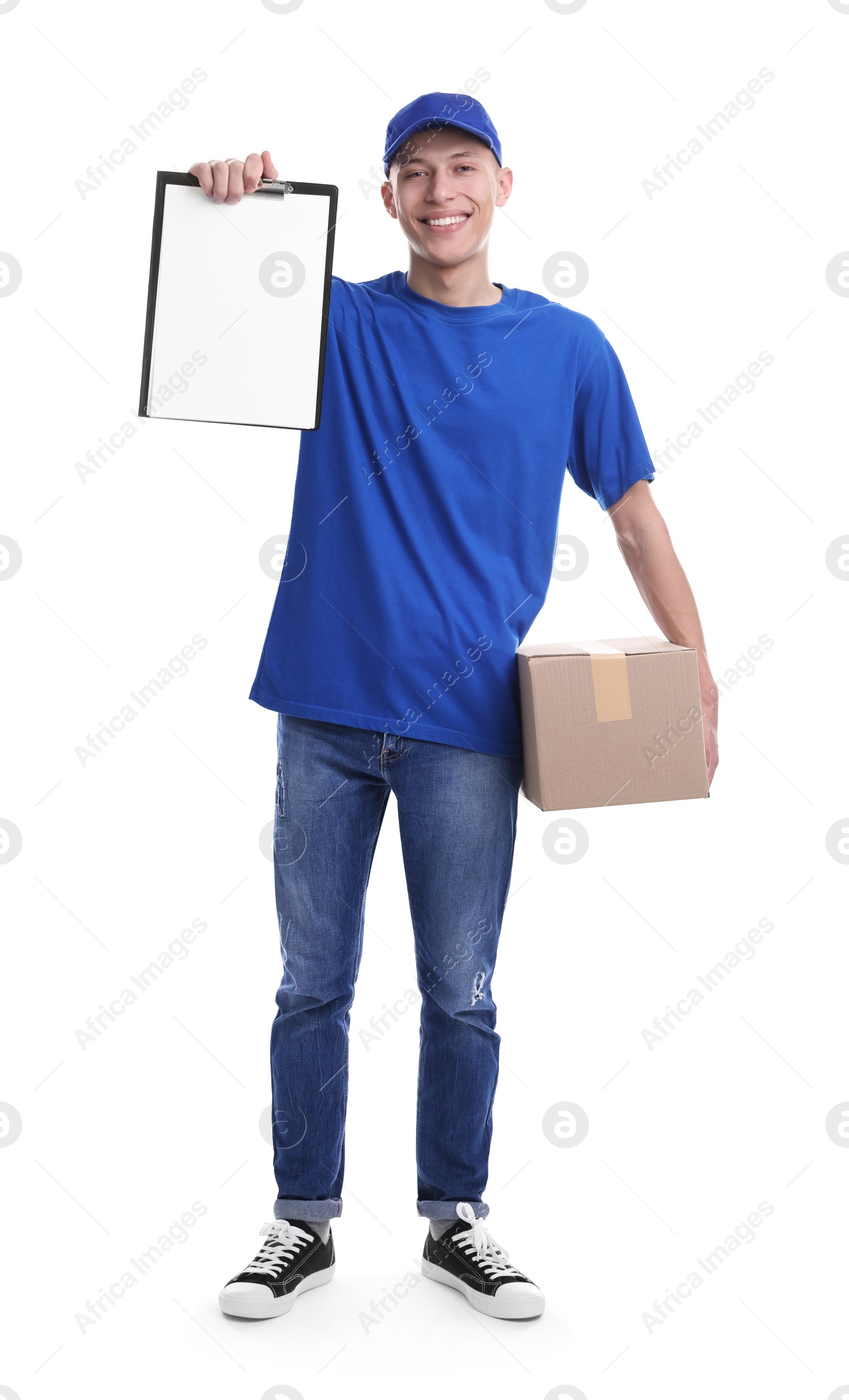 Photo of Happy courier with parcel and clipboard on white background