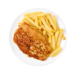 Tasty fish in soda water batter, potato chips and lemon slice isolated on white, top view
