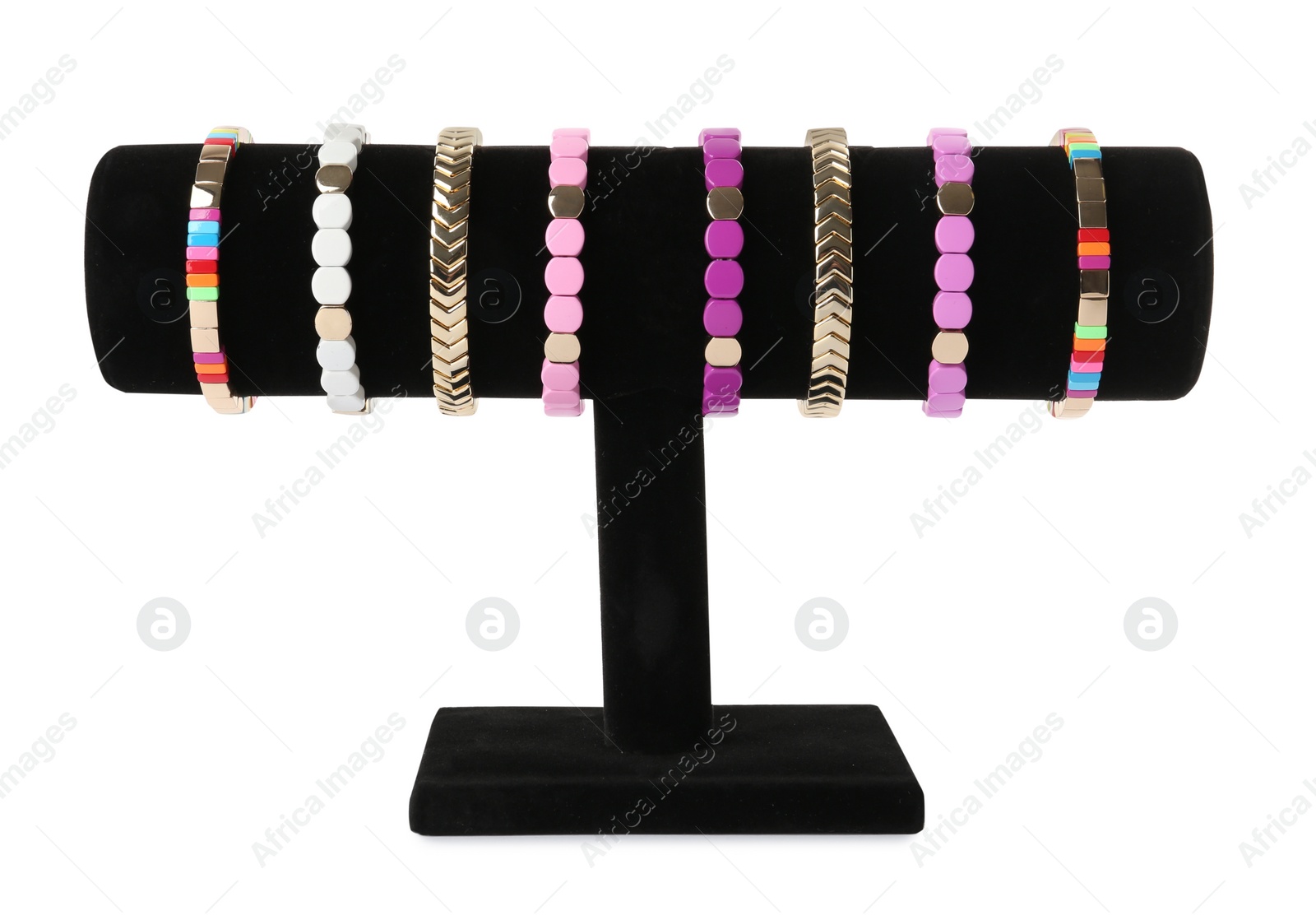 Photo of T-bar jewelry stand with stylish bracelets on white background