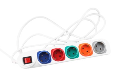 Photo of Power strip on white background, top view. Electrician's equipment