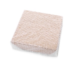 Photo of Cardboard box packed in bubble wrap isolated on white