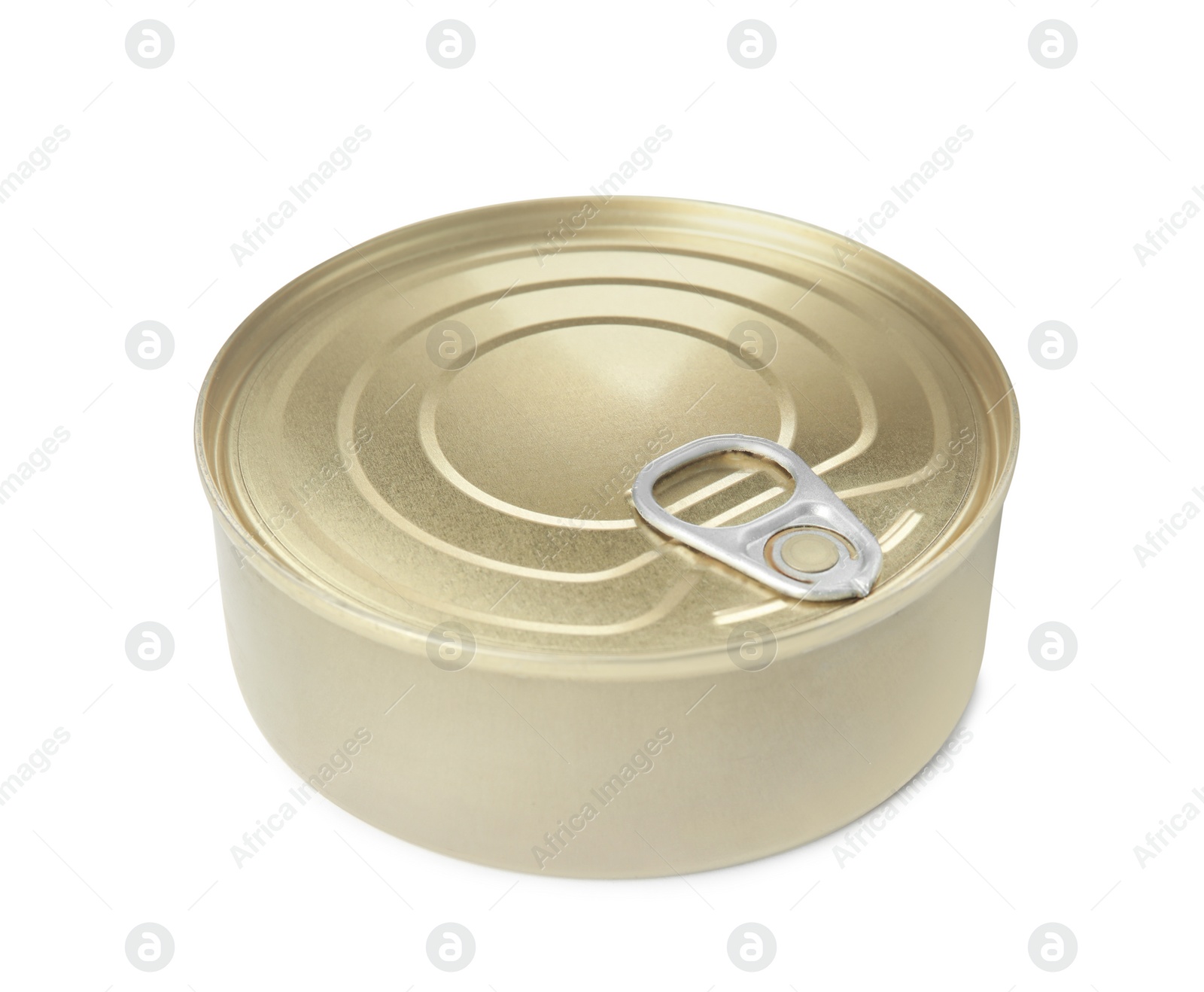 Photo of Tin can with meat pate isolated on white