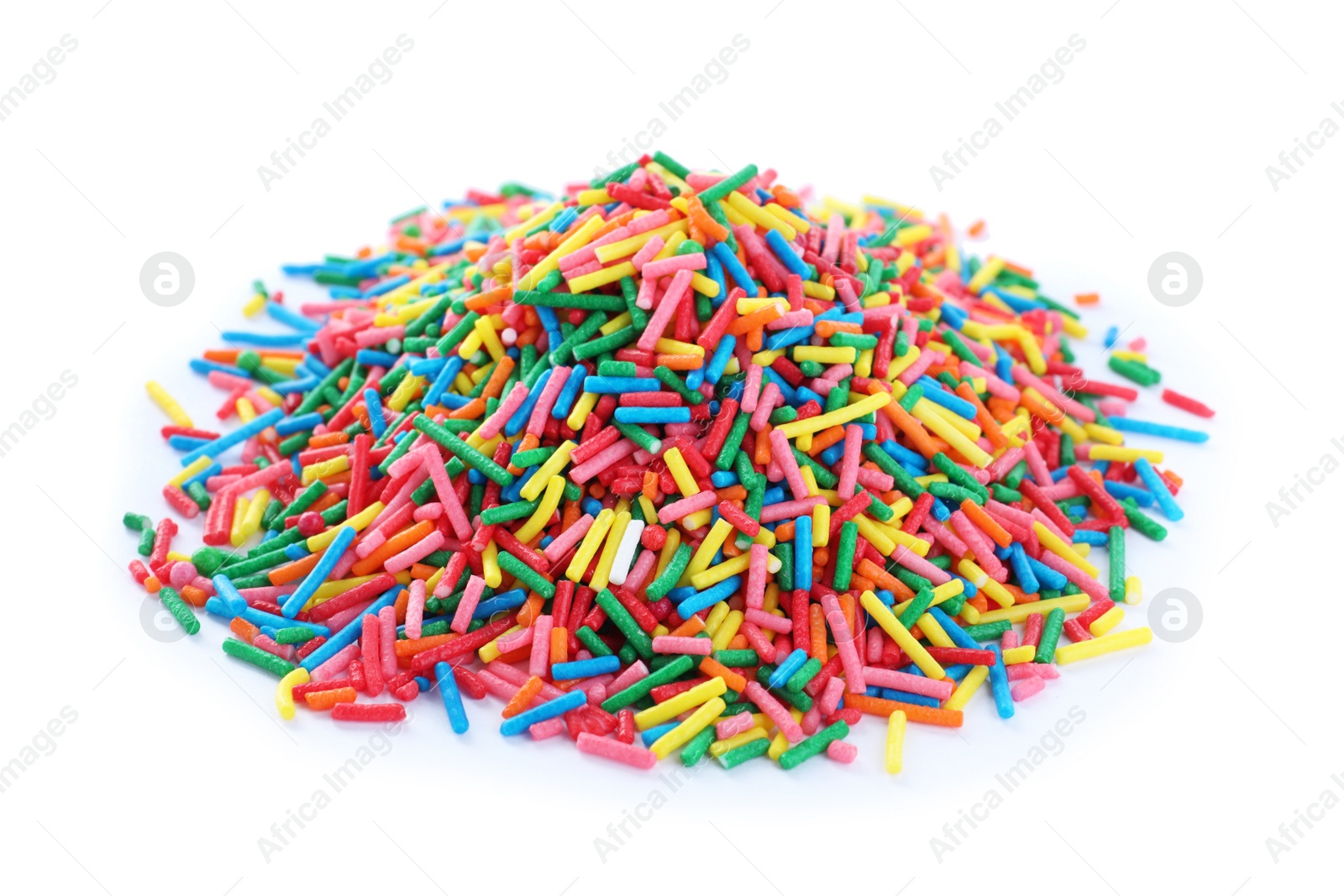 Photo of Pile of colorful sprinkles on white background. Confectionery decor