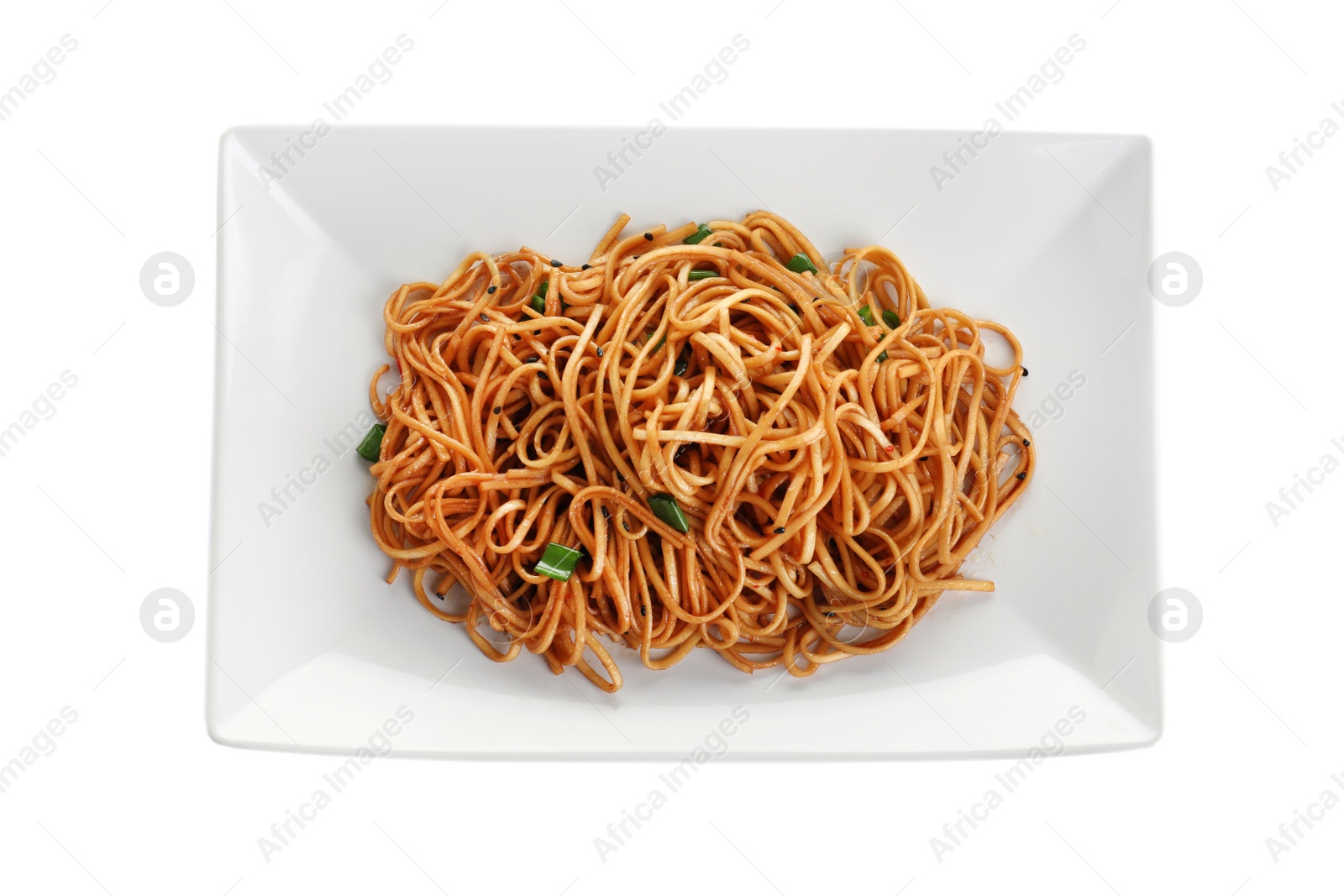 Photo of Tasty cooked noodles isolated on white, top view