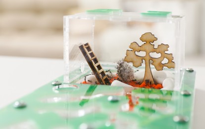 Photo of Ant farm (formicarium) on table, closeup view