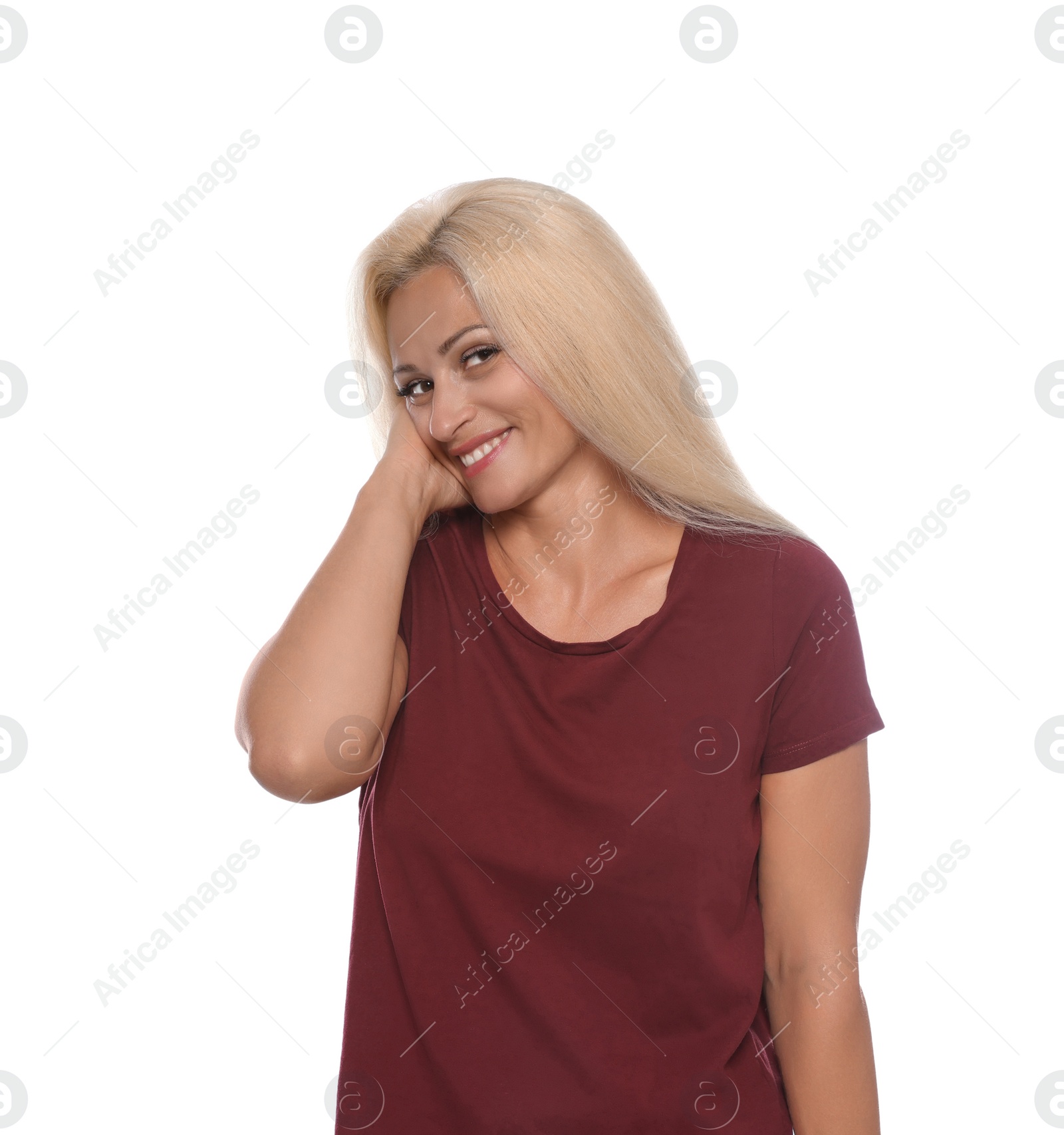 Photo of Embarrassed woman in t-shirt on white background