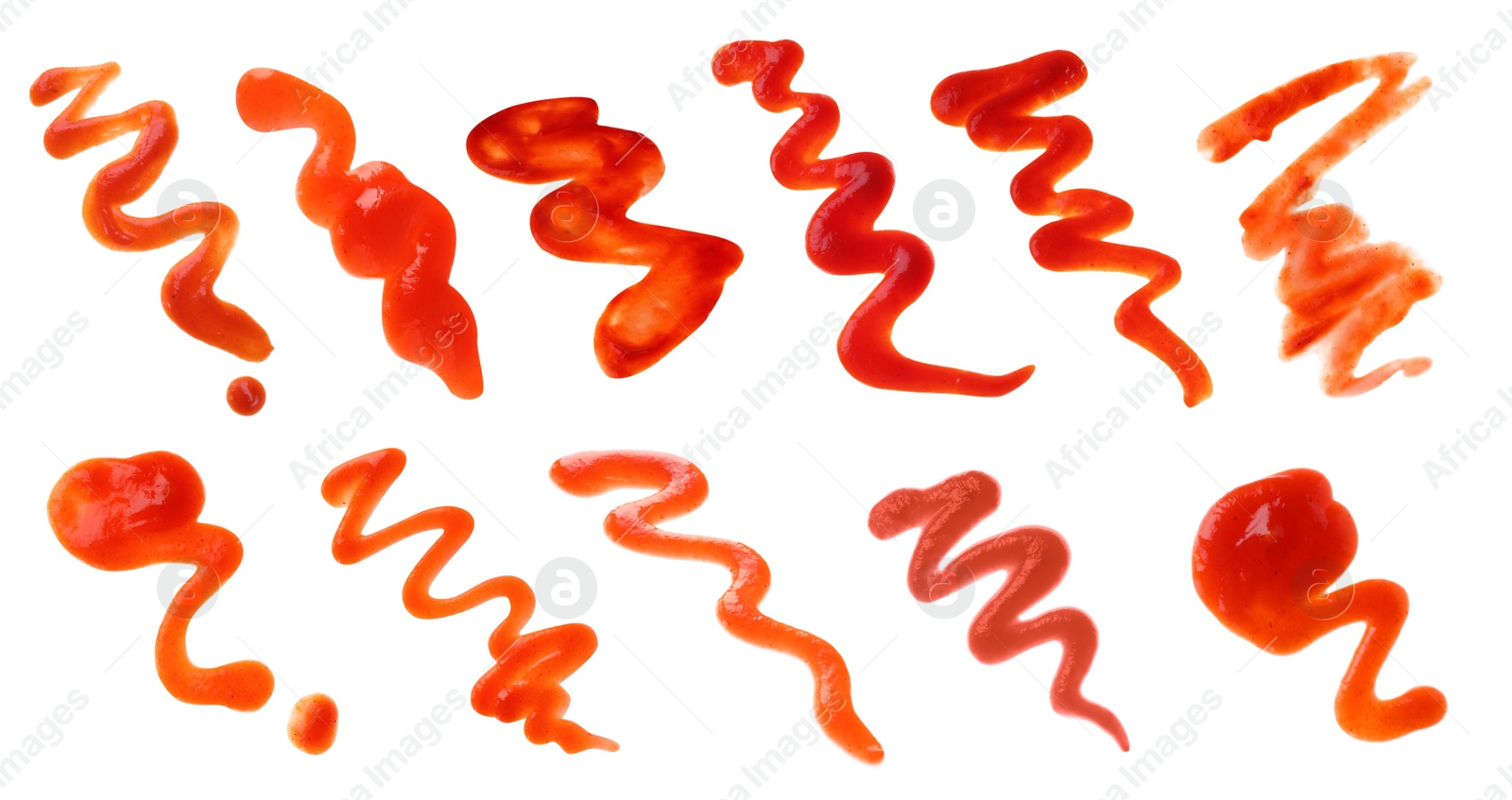 Image of Set of tasty tomato sauce on white background