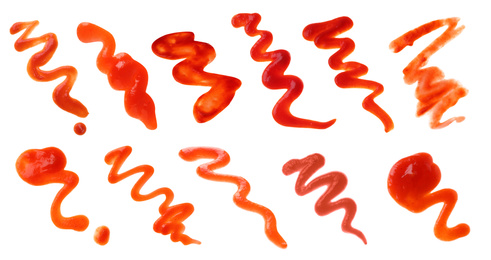 Image of Set of tasty tomato sauce on white background