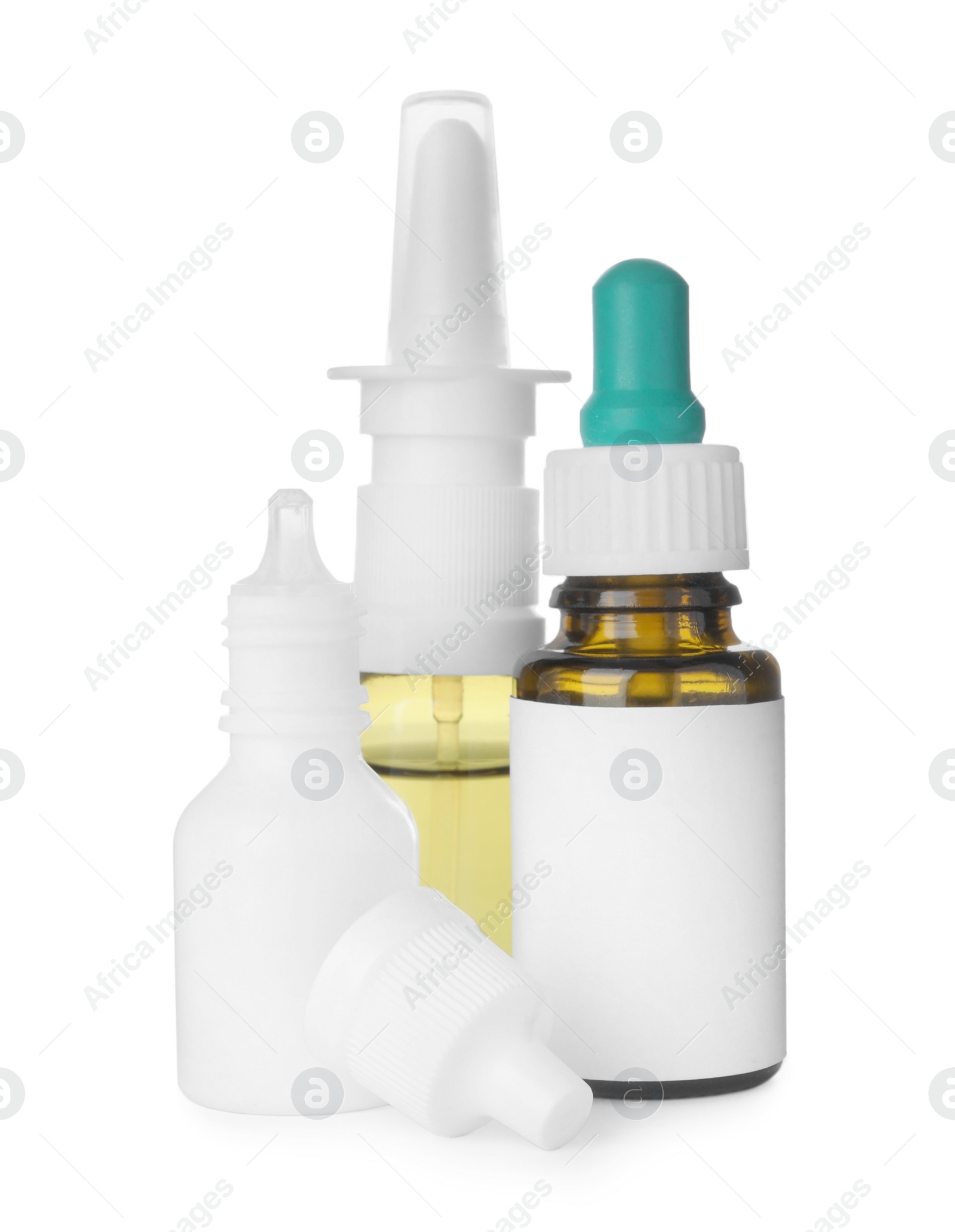 Photo of Many different nasal sprays on white background