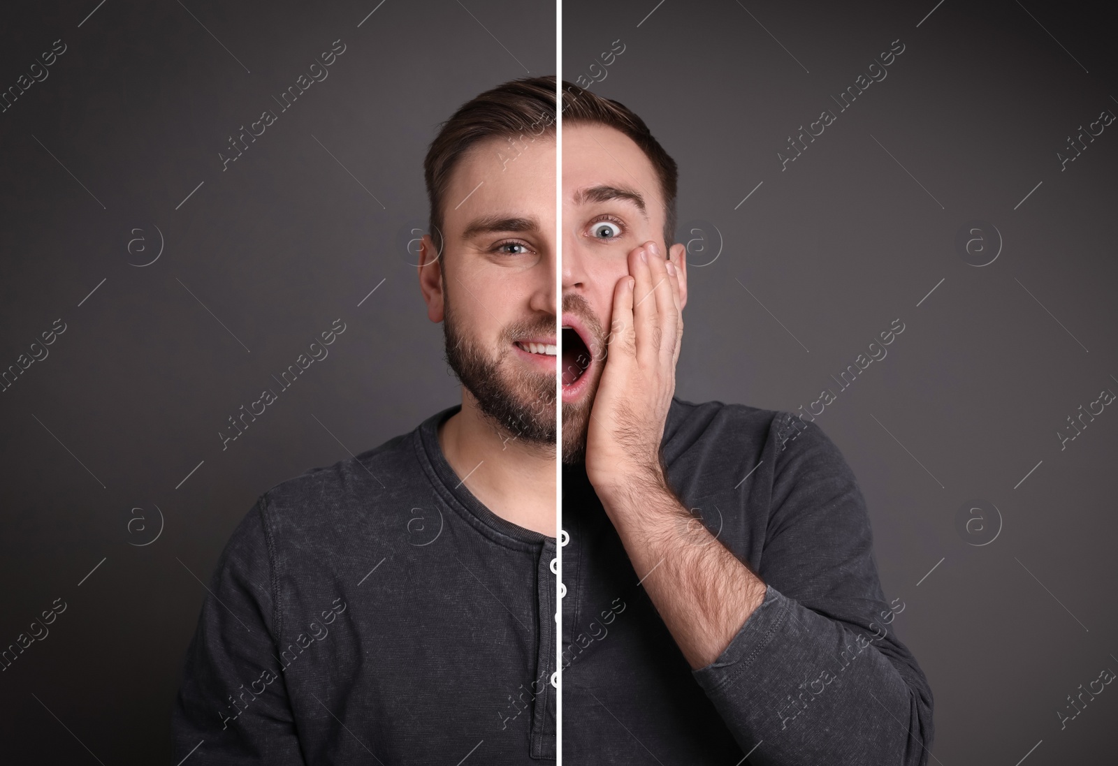 Image of Young man expressing different emotions on grey background, collage. Personality concept