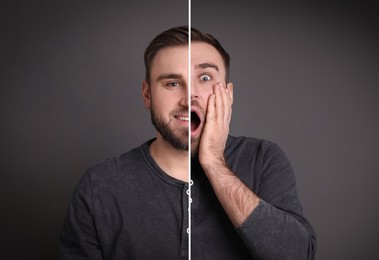 Image of Young man expressing different emotions on grey background, collage. Personality concept