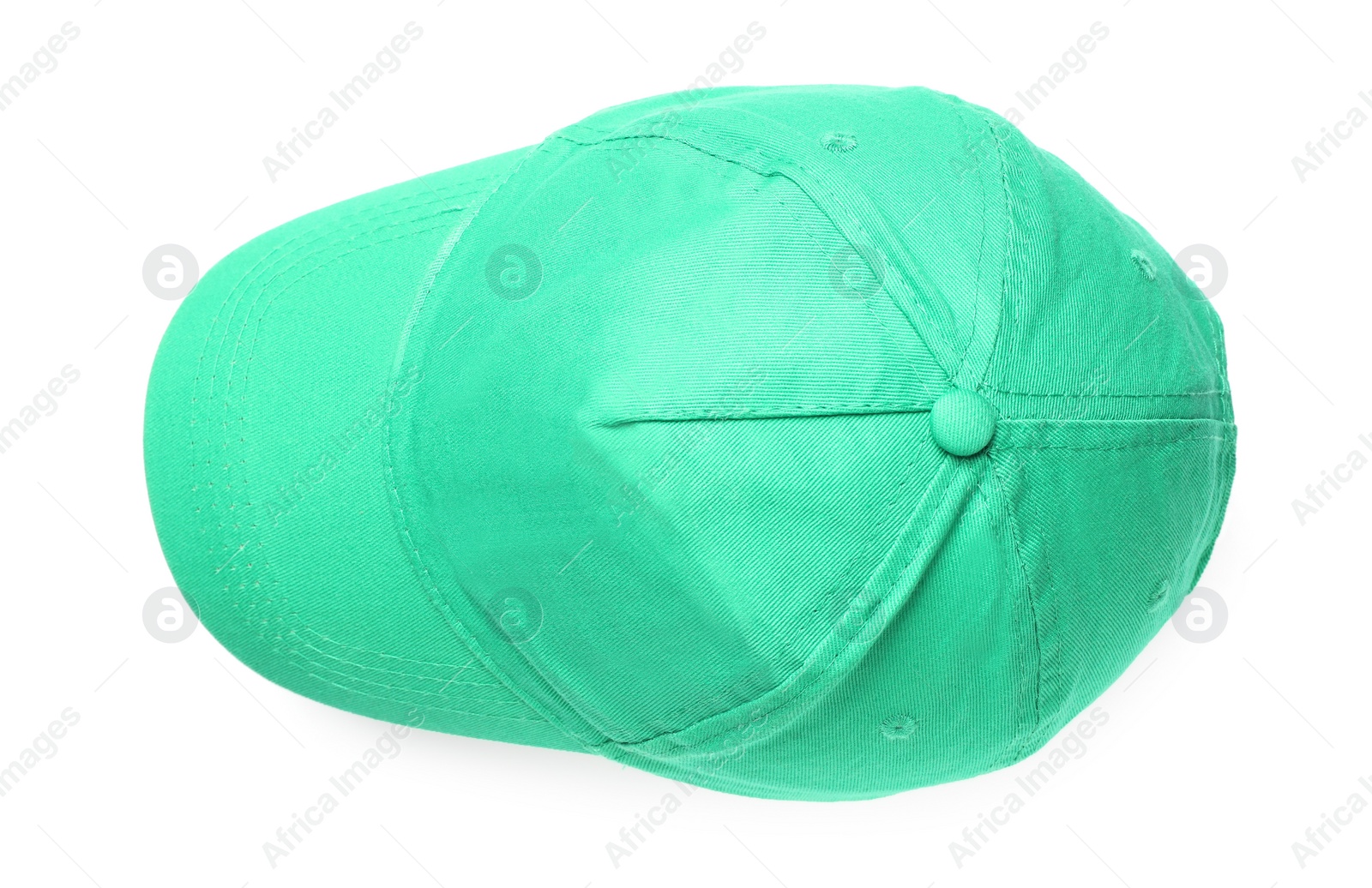 Photo of Stylish green baseball cap on white background, top view