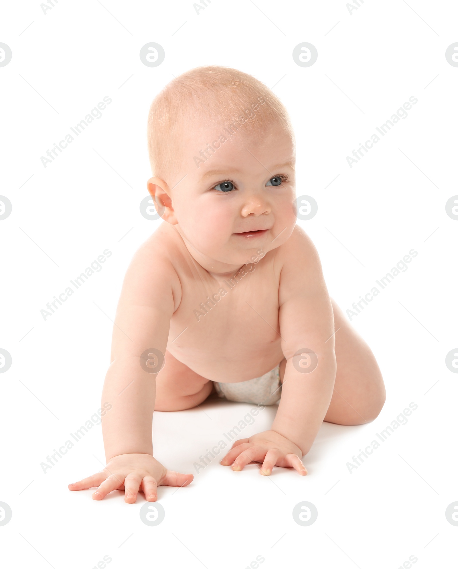 Photo of Cute little baby crawling on white background