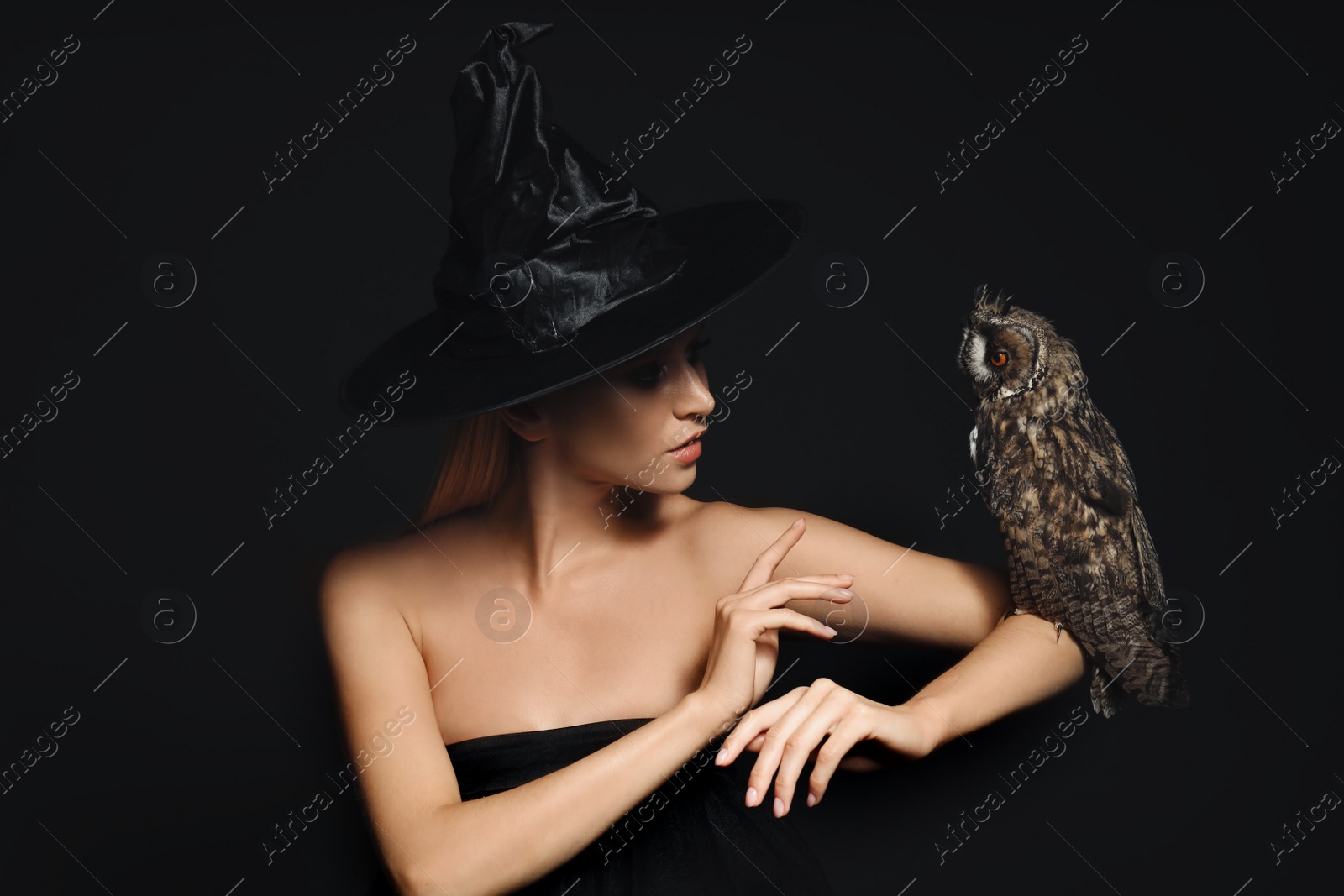 Photo of Witch in black hat with owl on dark background. Scary fantasy character