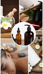 Image of Beauty and health care, collage. Photo of woman relaxing in spa salon, different supplies and products