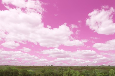 Image of Amazing pink sky with fluffy clouds over green meadow and trees