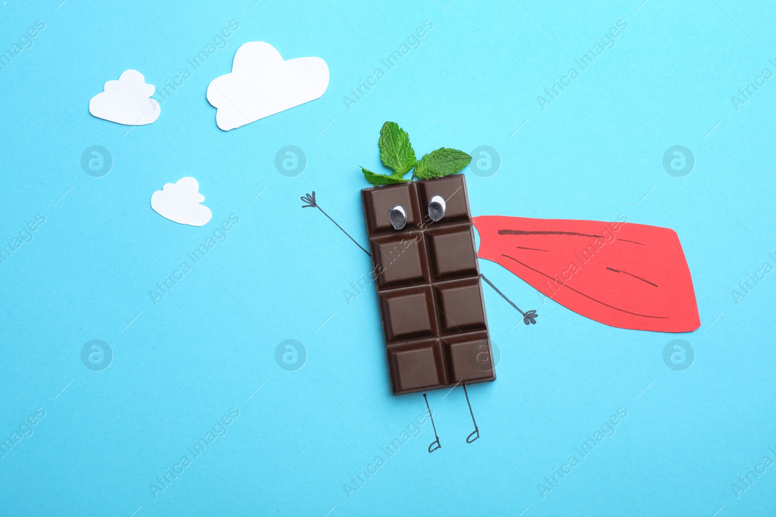 Photo of Creative flat lay composition with chocolate and mint on color background