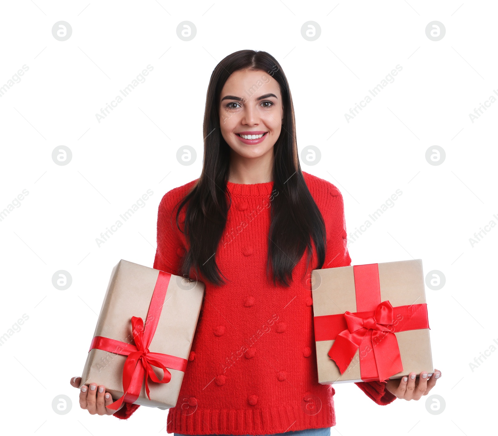 Photo of Happy young woman holding Christmas gifts on white background