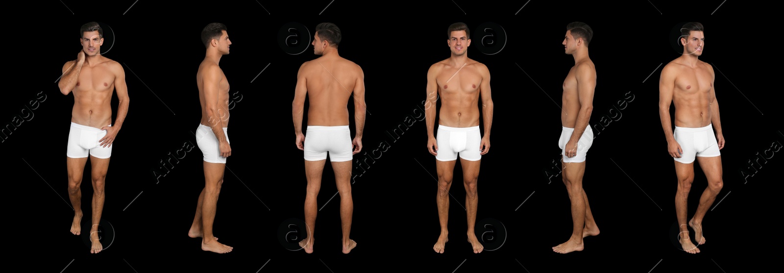 Image of Collage of man in underwear on black background. Banner design 