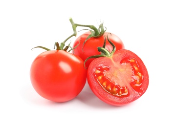 Photo of Fresh organic cherry tomatoes isolated on white