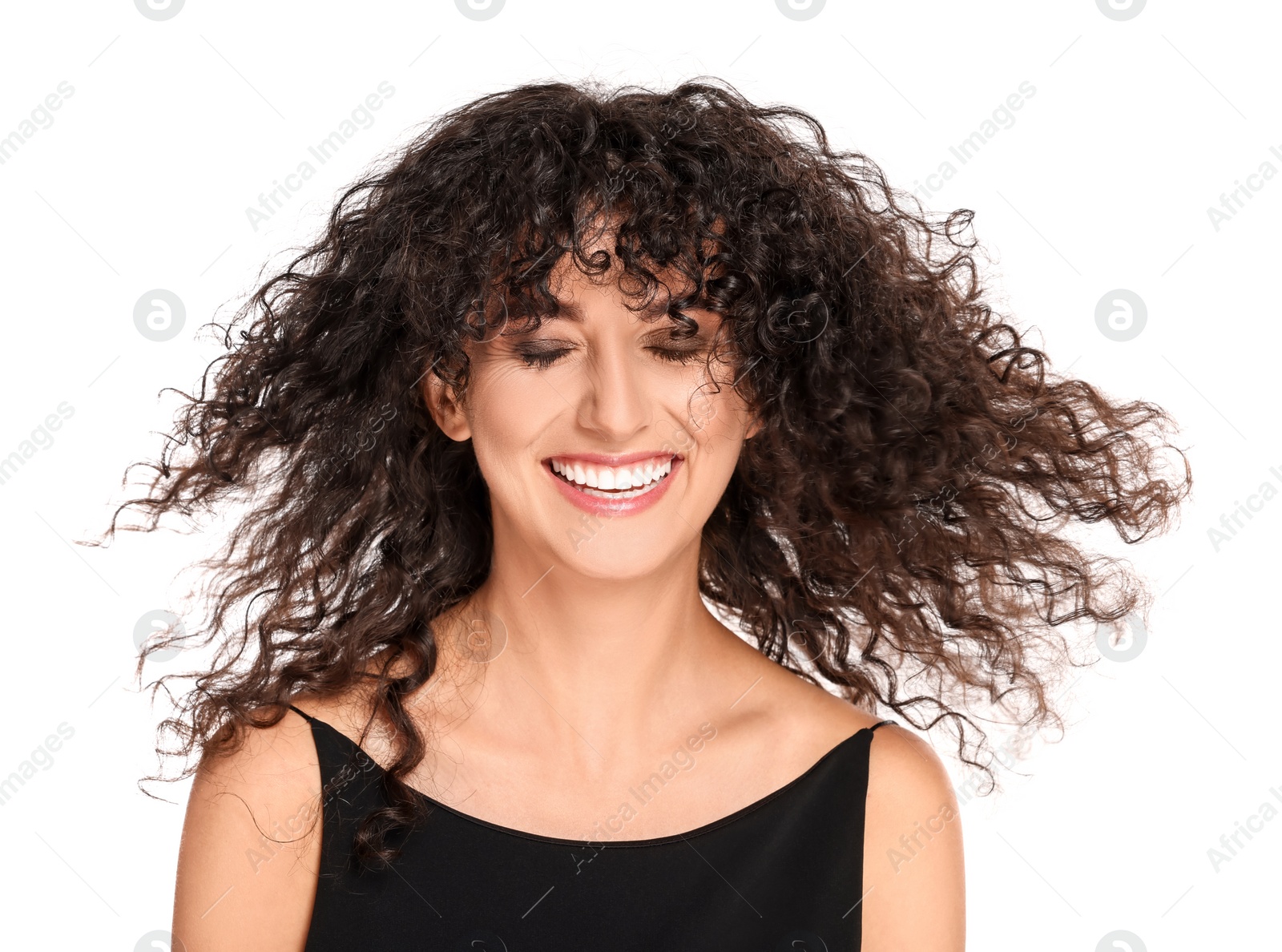 Photo of Beautiful young woman with long curly hair on white background