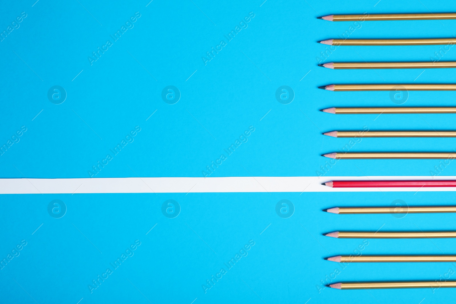 Photo of Creative composition with one different pencil and space for text on color background, top view