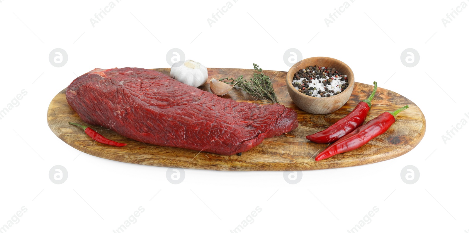 Photo of Piece of raw beef meat, products and spices isolated on white