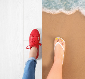 Image of Woman in different shoes, closeup. Concept of balance between work and life 