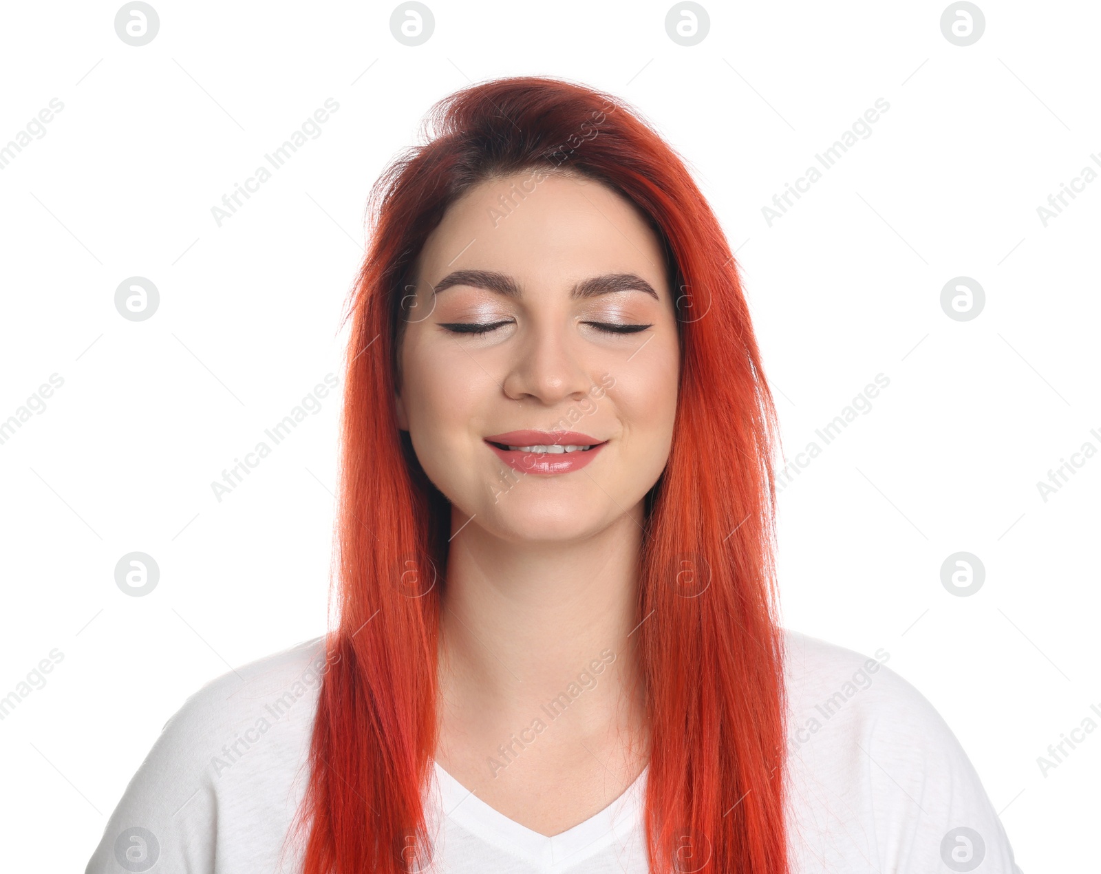 Photo of Young woman with bright dyed hair on white background