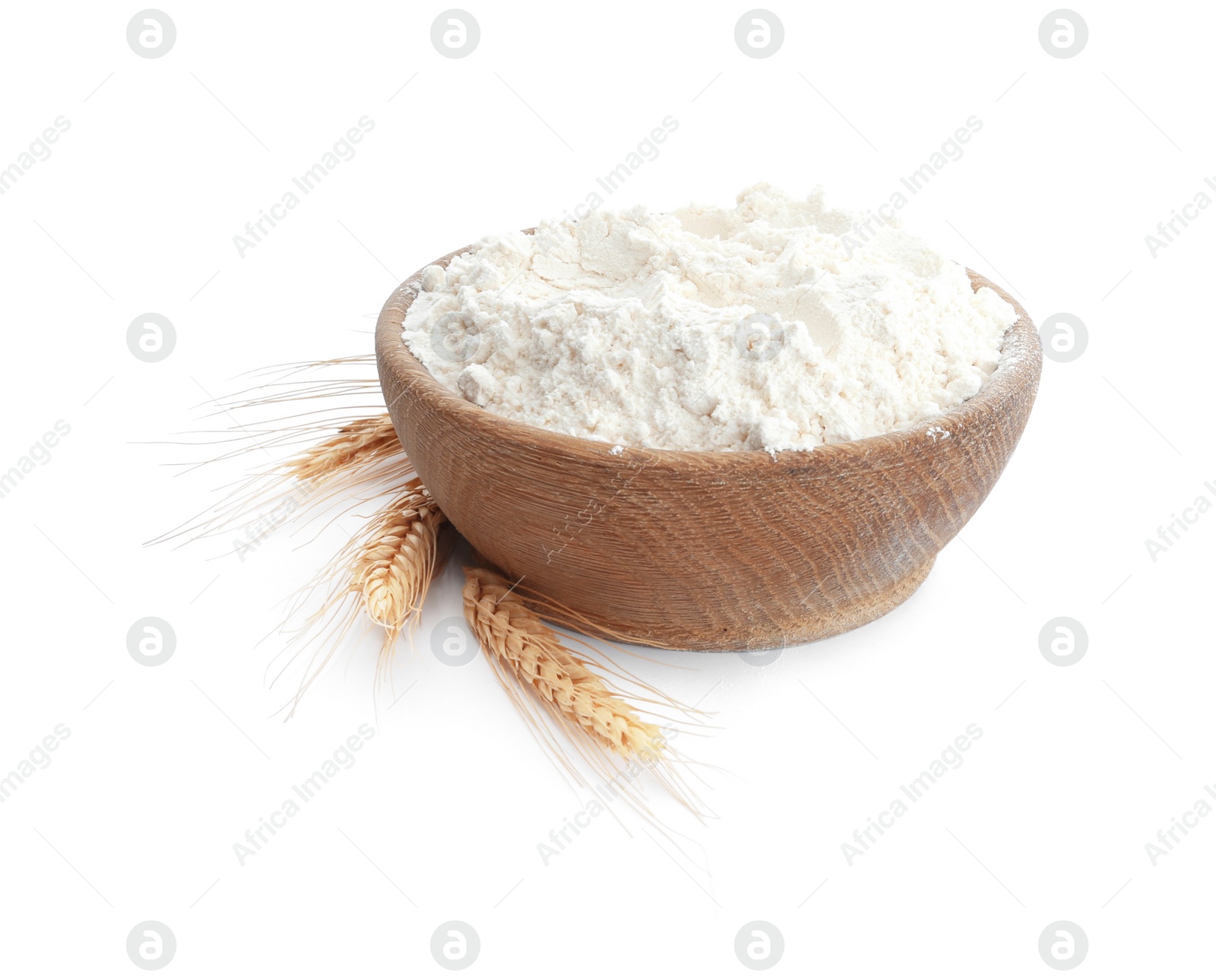 Photo of Organic flour and spikelets isolated on white